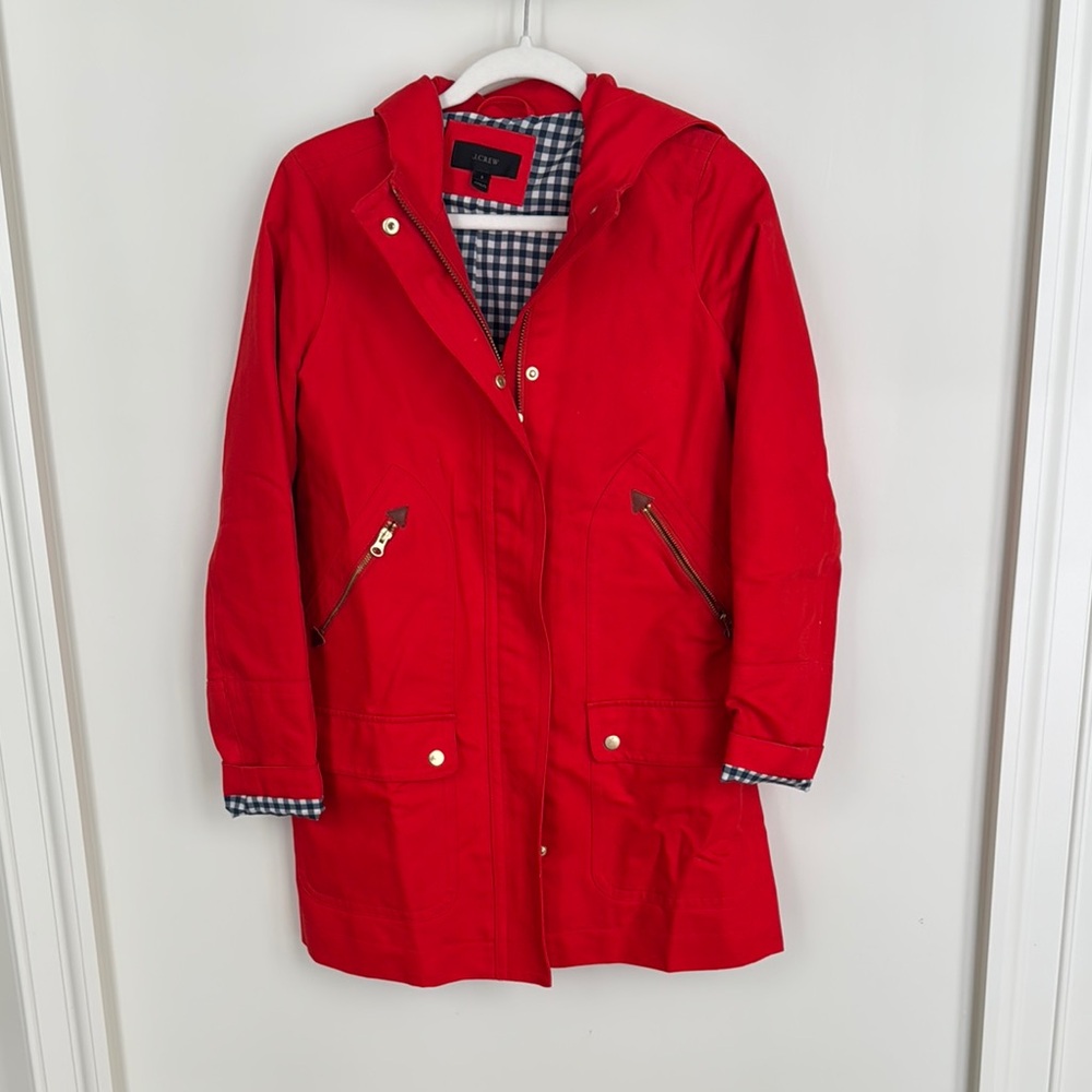 J. Crew Red Hooded Coat with Checkered blue Lining